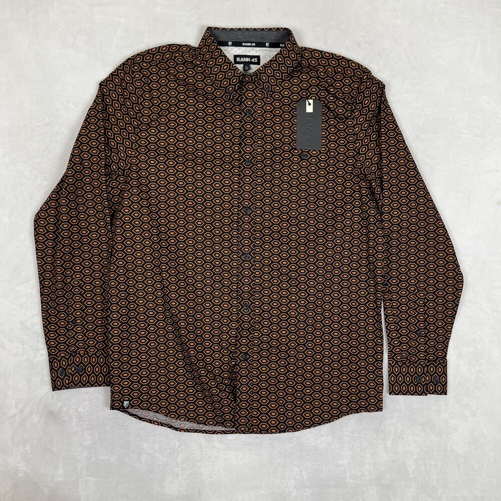 Rank 45 Shirt Mens Large Black Geometric Print Long Sleeve Button Front Trench